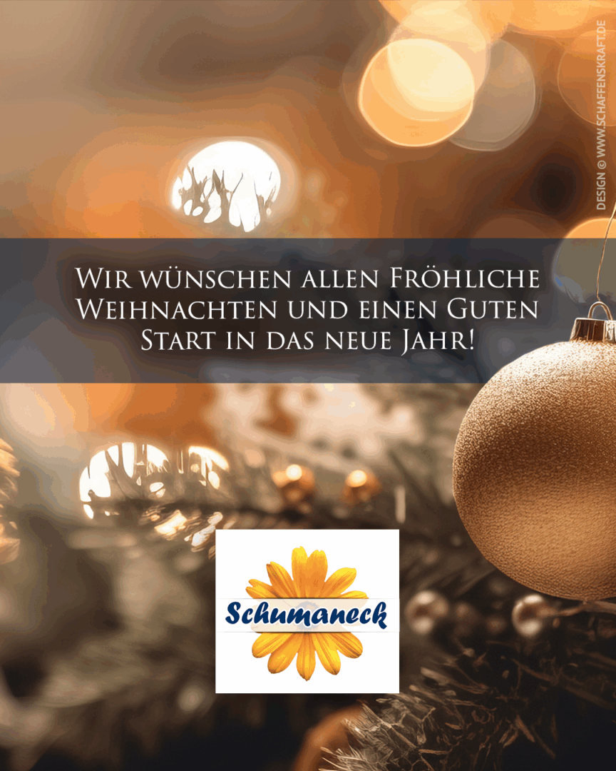 Weihnachtsgruß mit goldener Kugel und Schumaneck-Logo